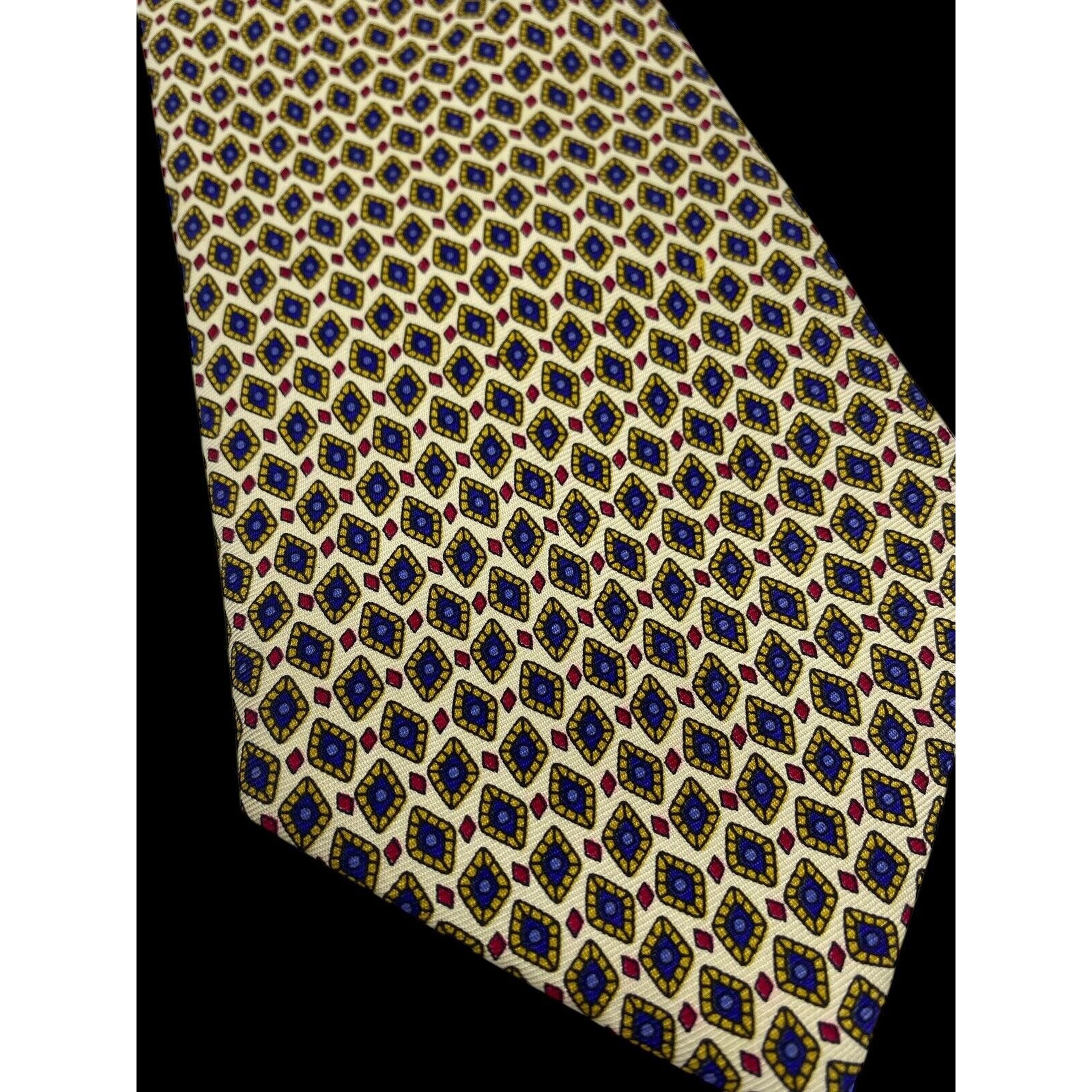 J Crew Tie Mens Beige Cream Silk Geometric Blue Print Preppy Career Professional