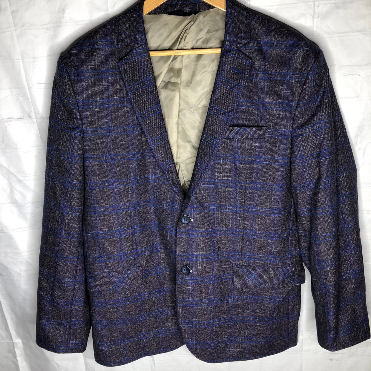 RNT23 Ron Tomson Blazer Men's Purple Blue Plaid Suit Jacket Sport Coat Size 44