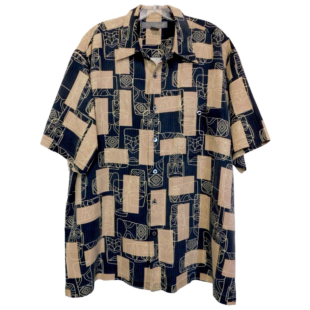 Tori Richard Men Hawaiian Silk Shirt L Tribal Tiki Button Up Camp Short Sleeve