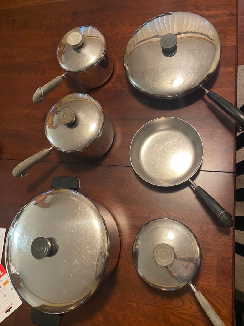 1 piece lot VINTAGE 1801 Revere Ware, 4 pots, 2 skillets, 5 lids