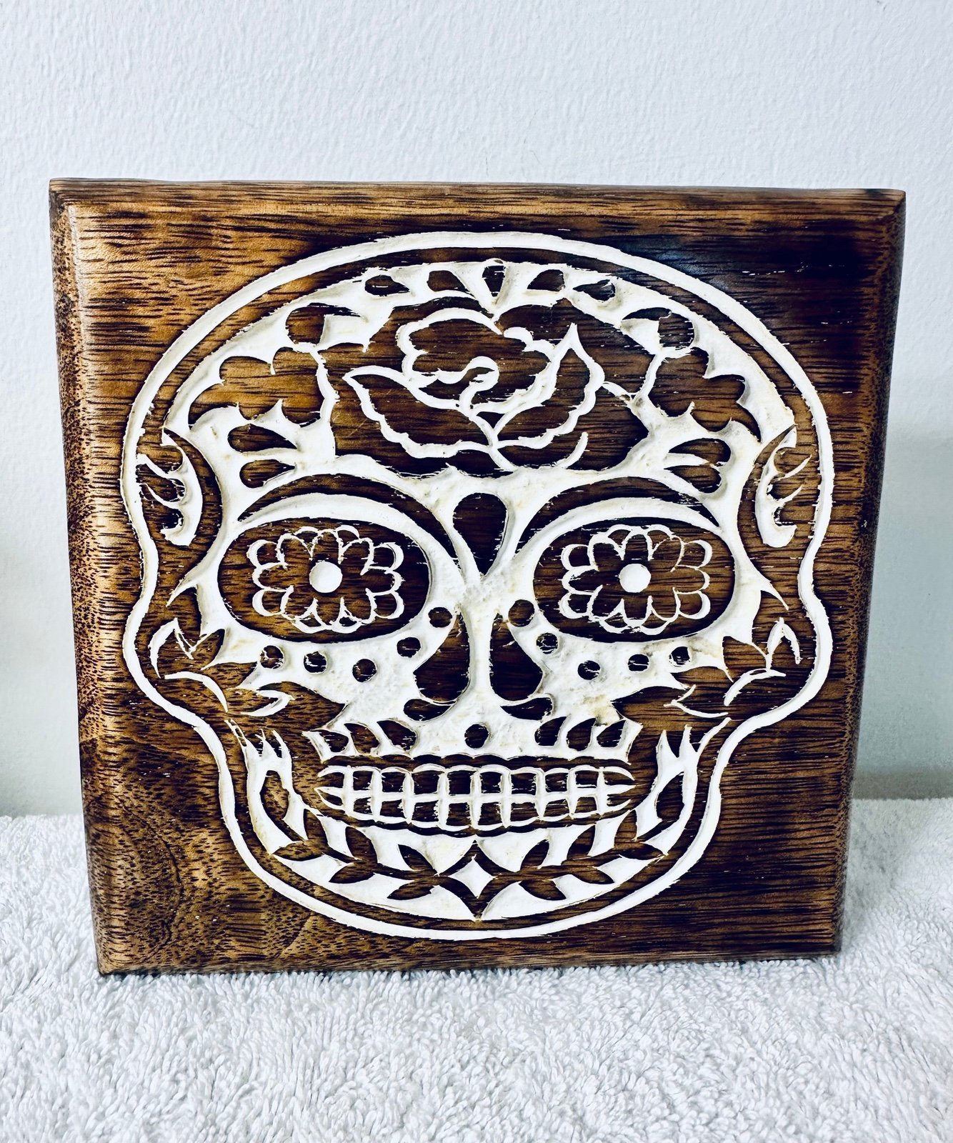 Handmade Wooden Skull Storage Box, Skull Engraved Wooden Box