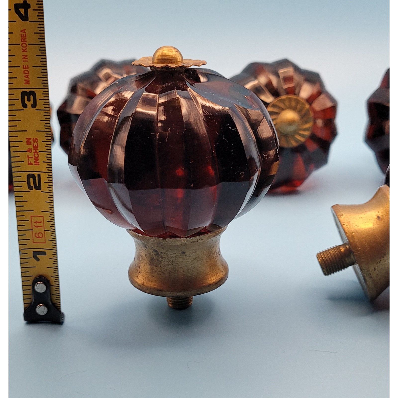 Set of 6 Unique Rootbeer Brown Amber Round Brass & Glass Threaded Knob Handles