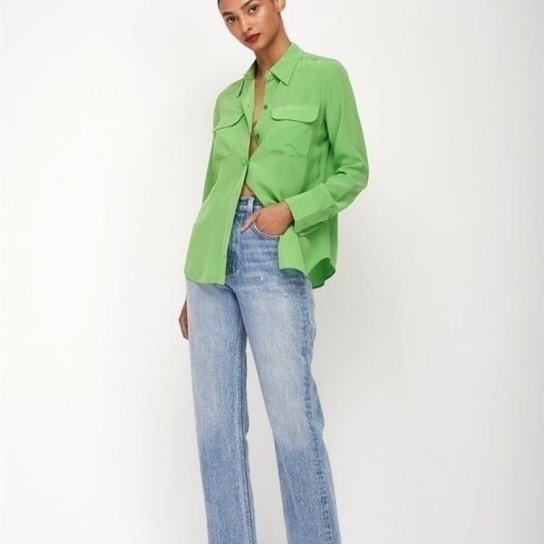 Equipment Signature Slim Silk Green Long Sleeve Shirt | M