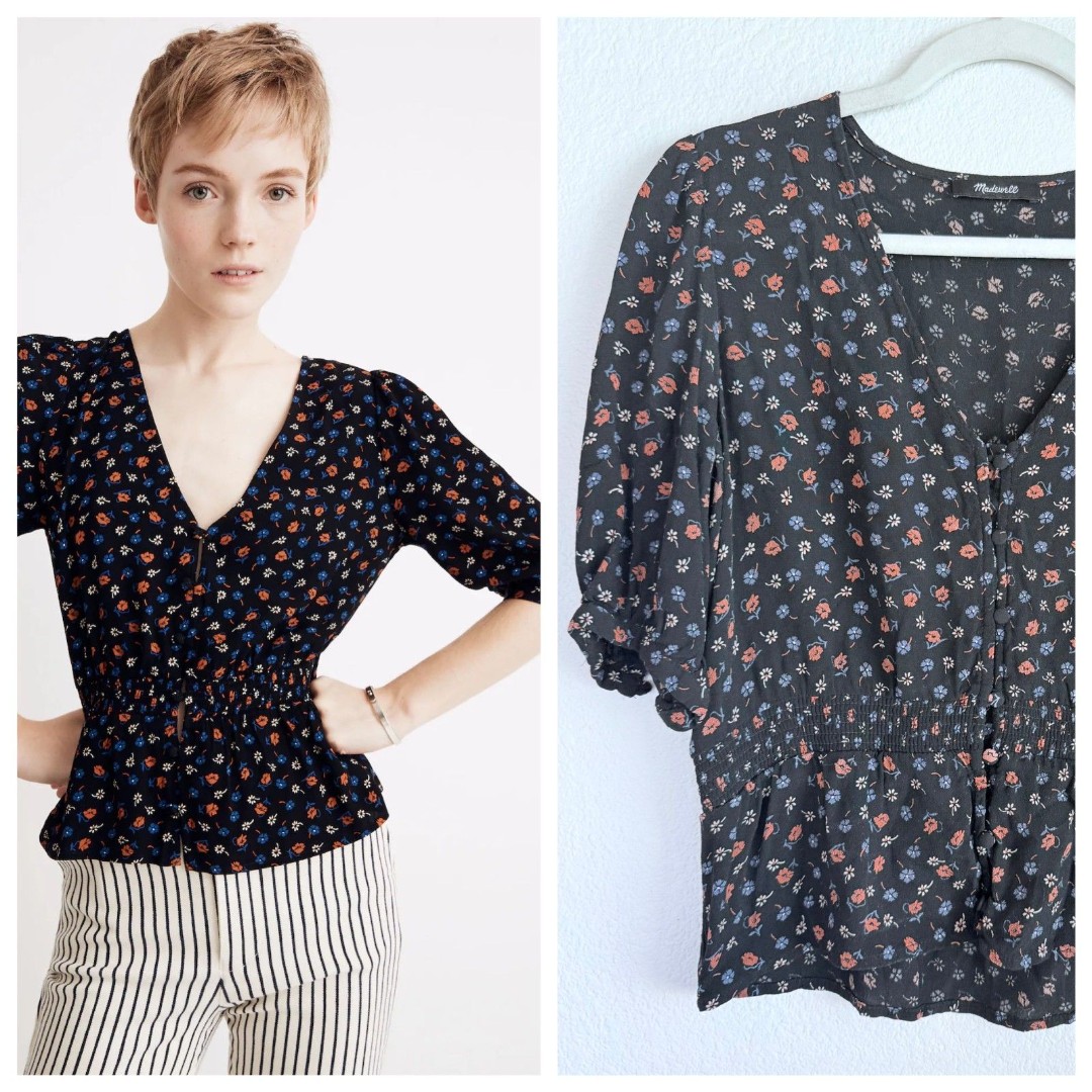 Madewell Women's Smocked-Waist Top in Prairie Posies Black, Blue & Red Size M