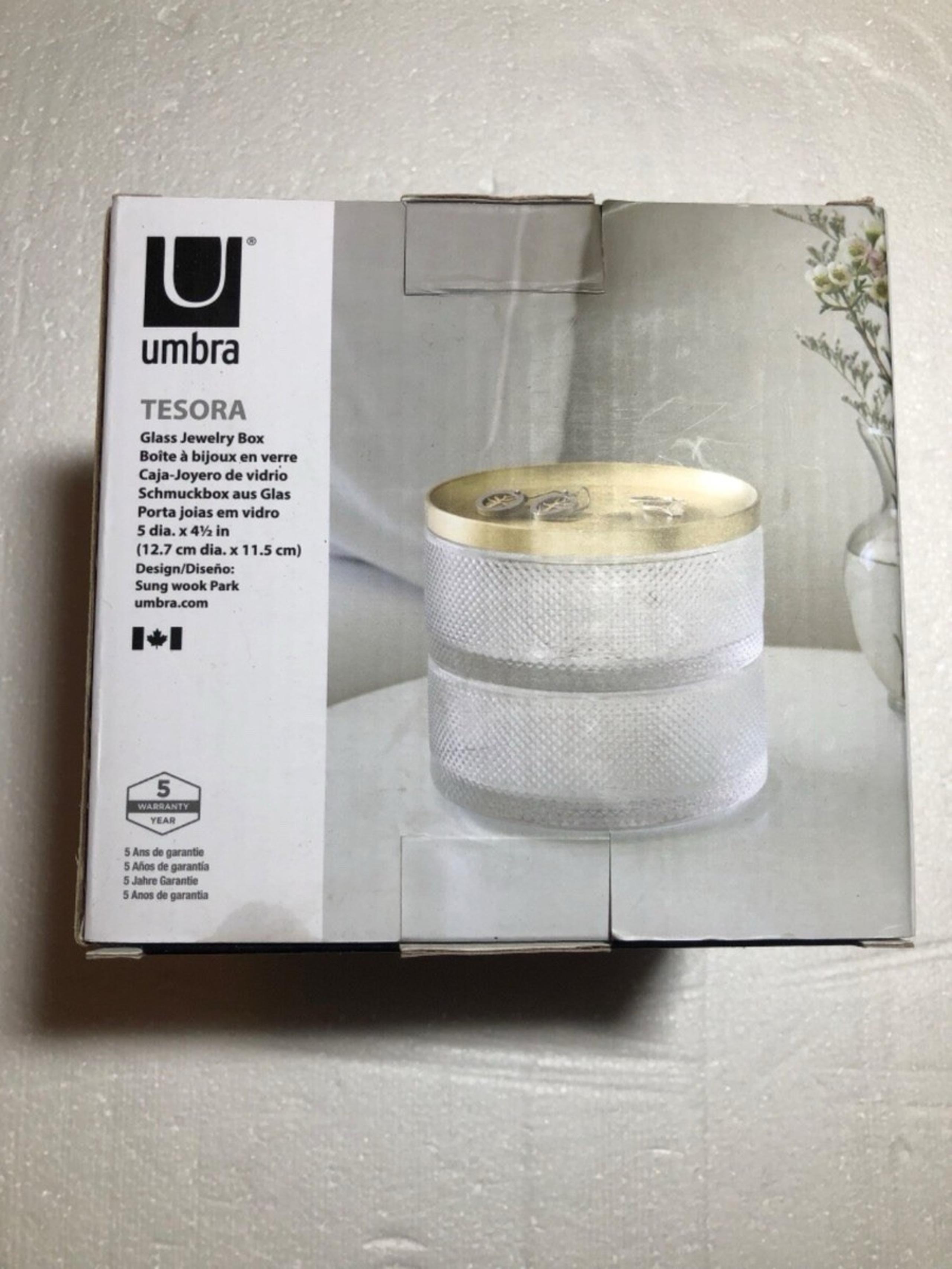 Umbra Tesora Jewelry Organizer, Two-Tier Storage Box, Removable Lid, Glass/Brass