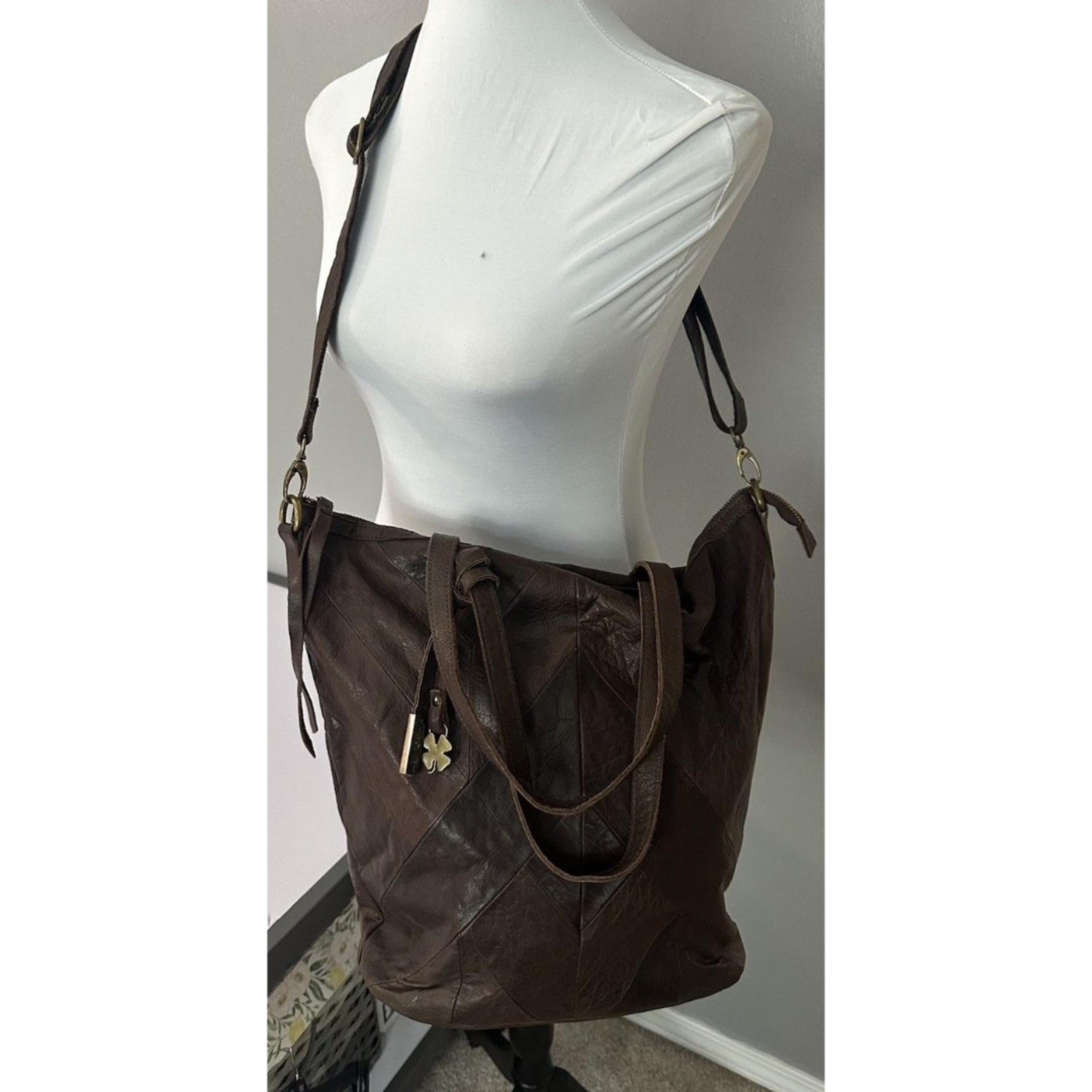 Lucky Brand Brown Leather Chevron Patchwork Shoulder Bag Purse Tote Bag EUC