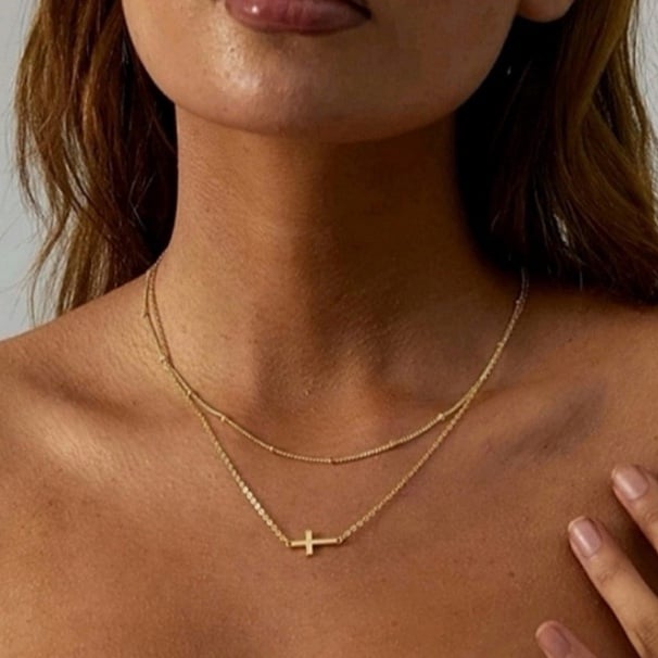 Anthropologie Gold Dainty Cross Layered Minimalist Necklace 75-45-7