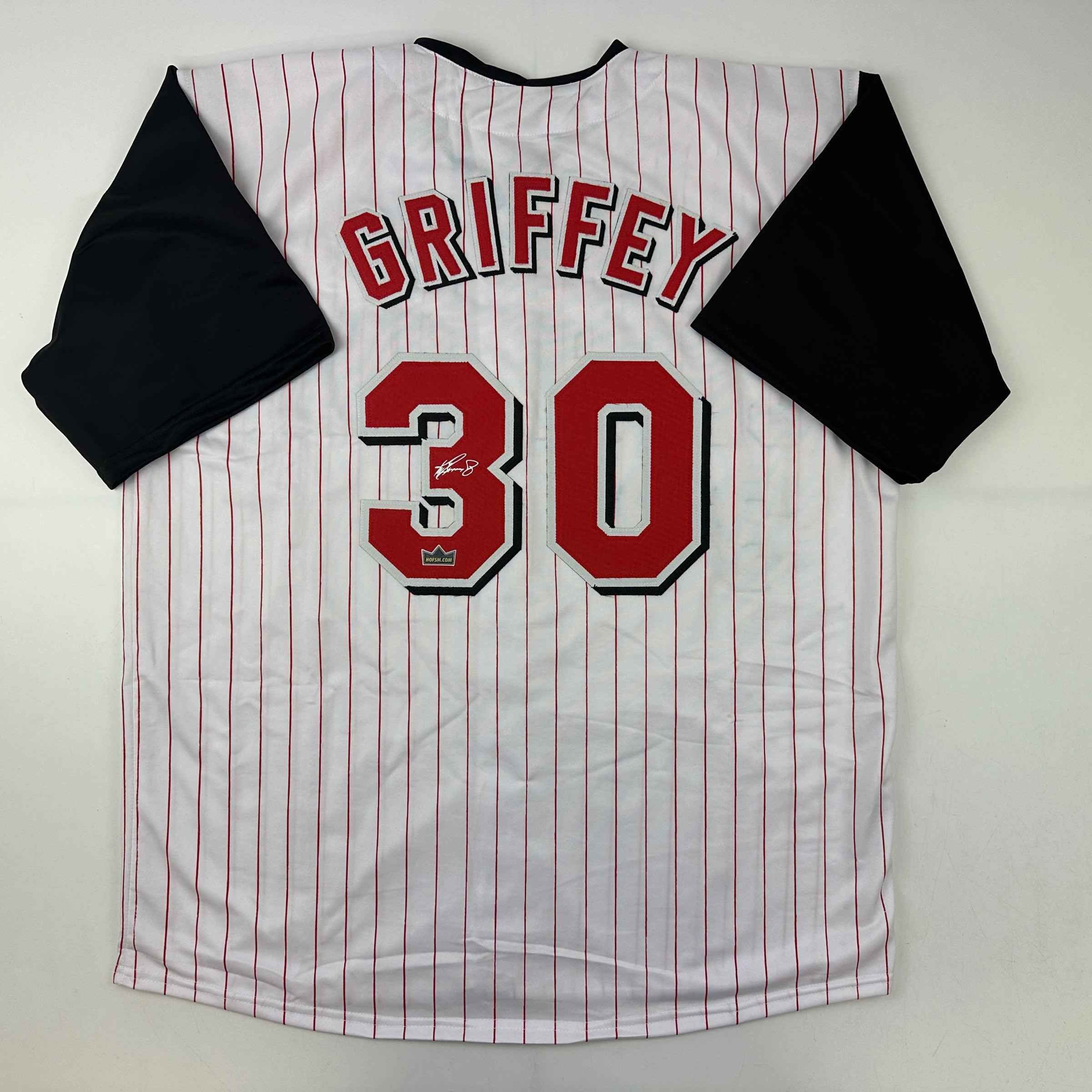 Facsimile Autographed Ken Griffey Jr. Cincinnati Pinstripe Auto Jersey Size Me