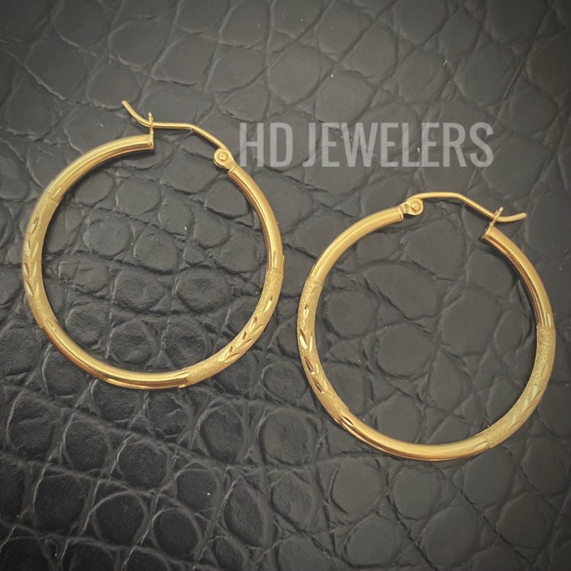 14K Gold Diamond Cut Large Hoop Earrings