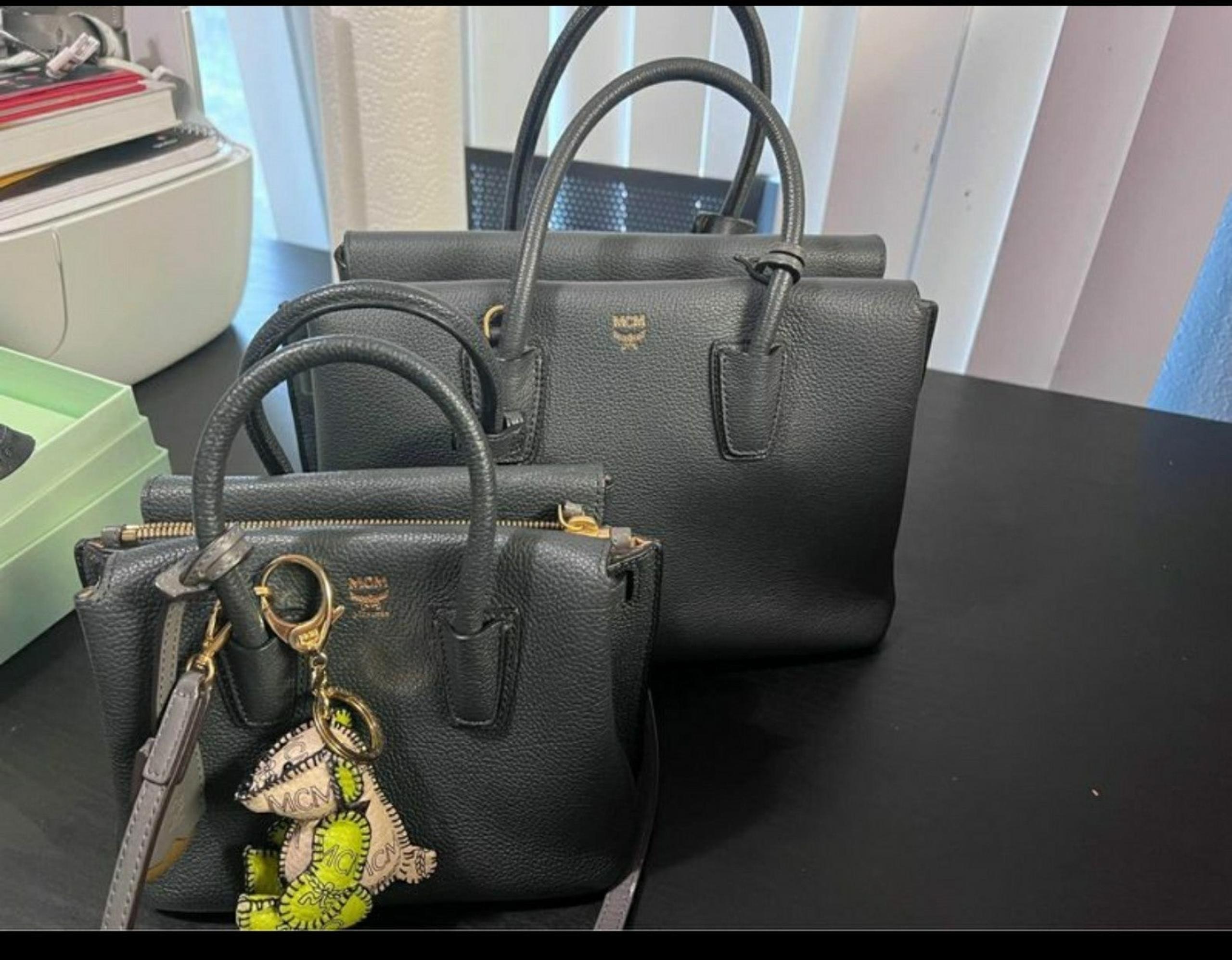 MCM Milla Phantom Grey Leather Mini Totes w/green keychain.
