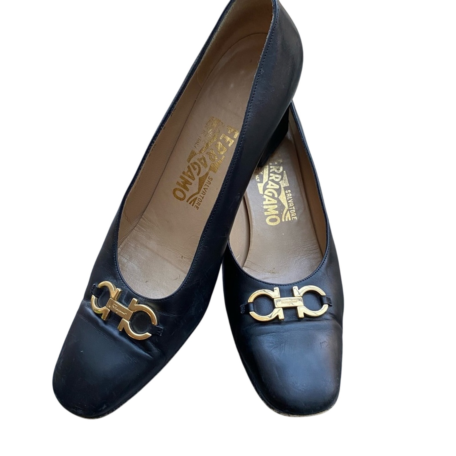 Salvatore Ferragamo Black Italian Leather Low Heel Pump. 8