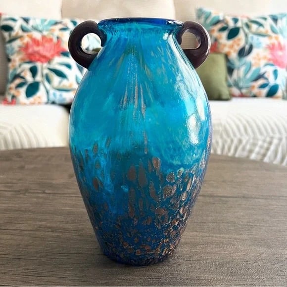 Dale Tiffany Amphora Aventurine Copper Flecked Vase Vintage 1970 Blue Gold Glass