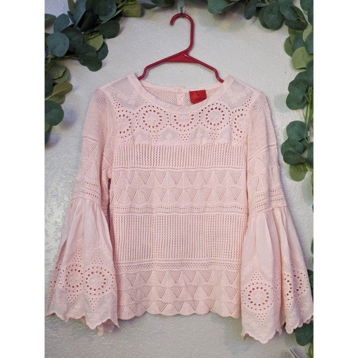 V Cristina Pink Bell Sleeve Eyelet Lace Open Knit Blouse size S
