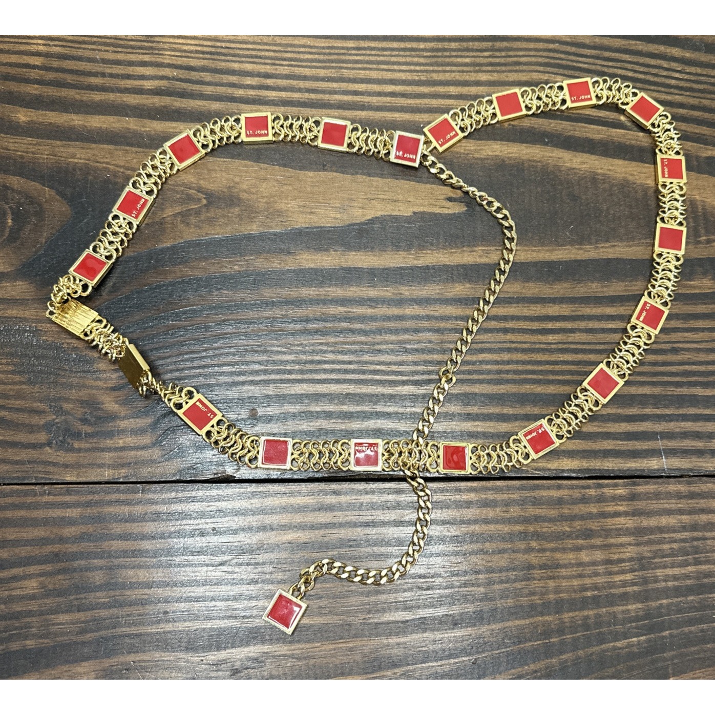 ST. JOHN Red & Gold Plated Chain Link Buckle Warp Dangle Jewelry Belt 32 -44