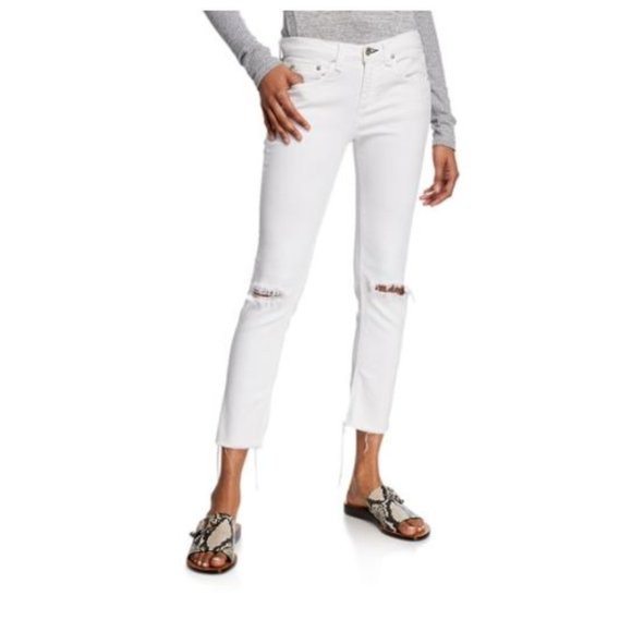 RAG & BONE Dre Low-Rise Ankle Crop Slim Boyfriend White Distressed Raw Hem Jeans