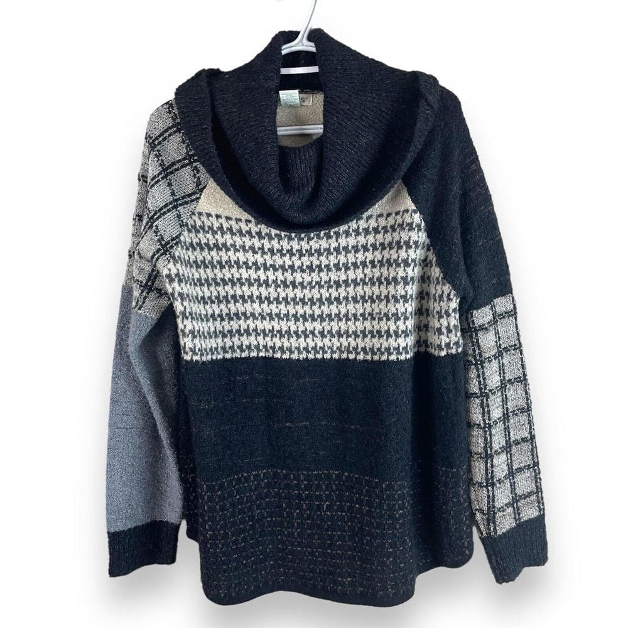 Orvis Cowl Neck Sweater Womens L Black Houndstooth Pullover Acrylic Nylon Wool