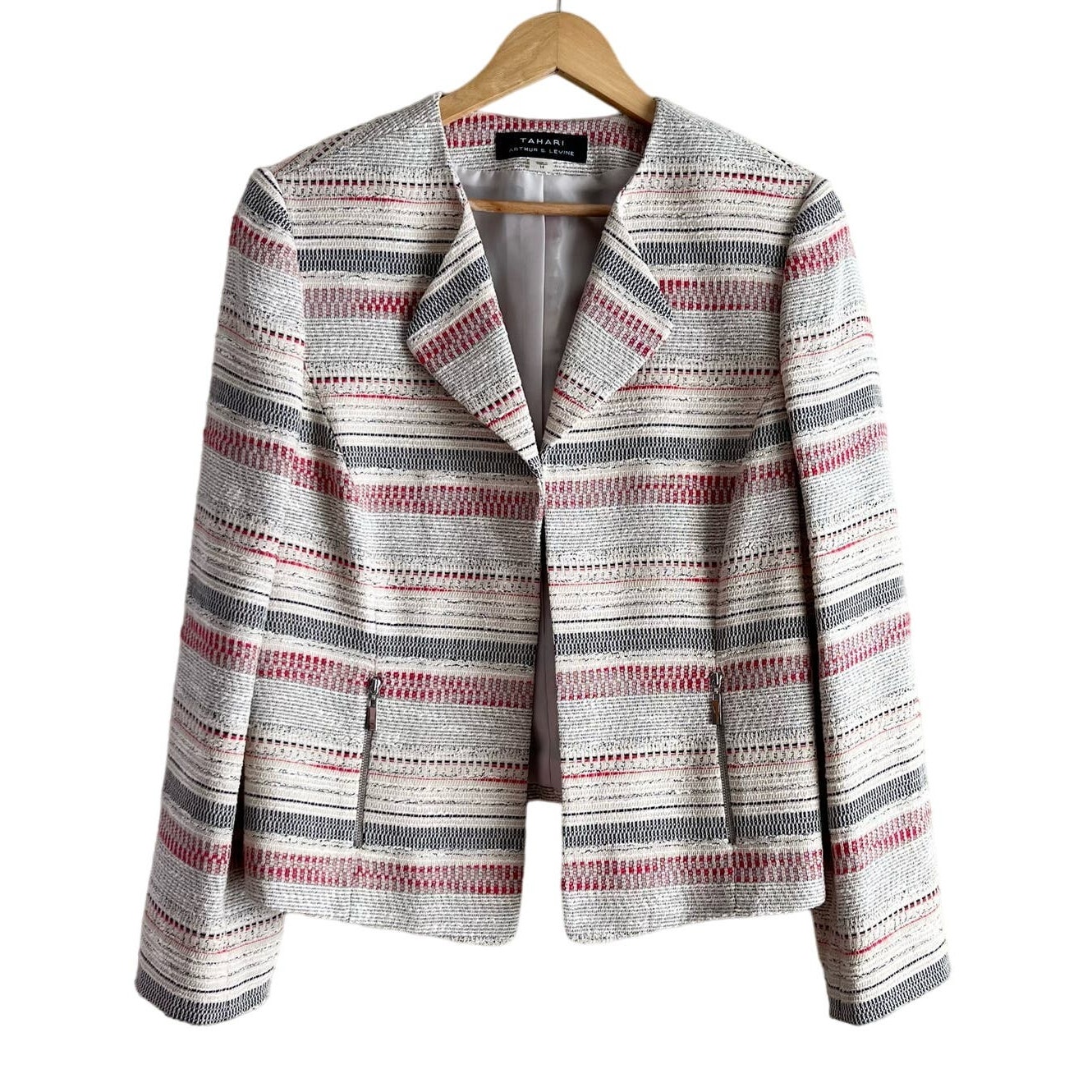 NWT Tahari ASL Open Front Tweed Blazer Jacket in Cream Pink Stripe, Size 14