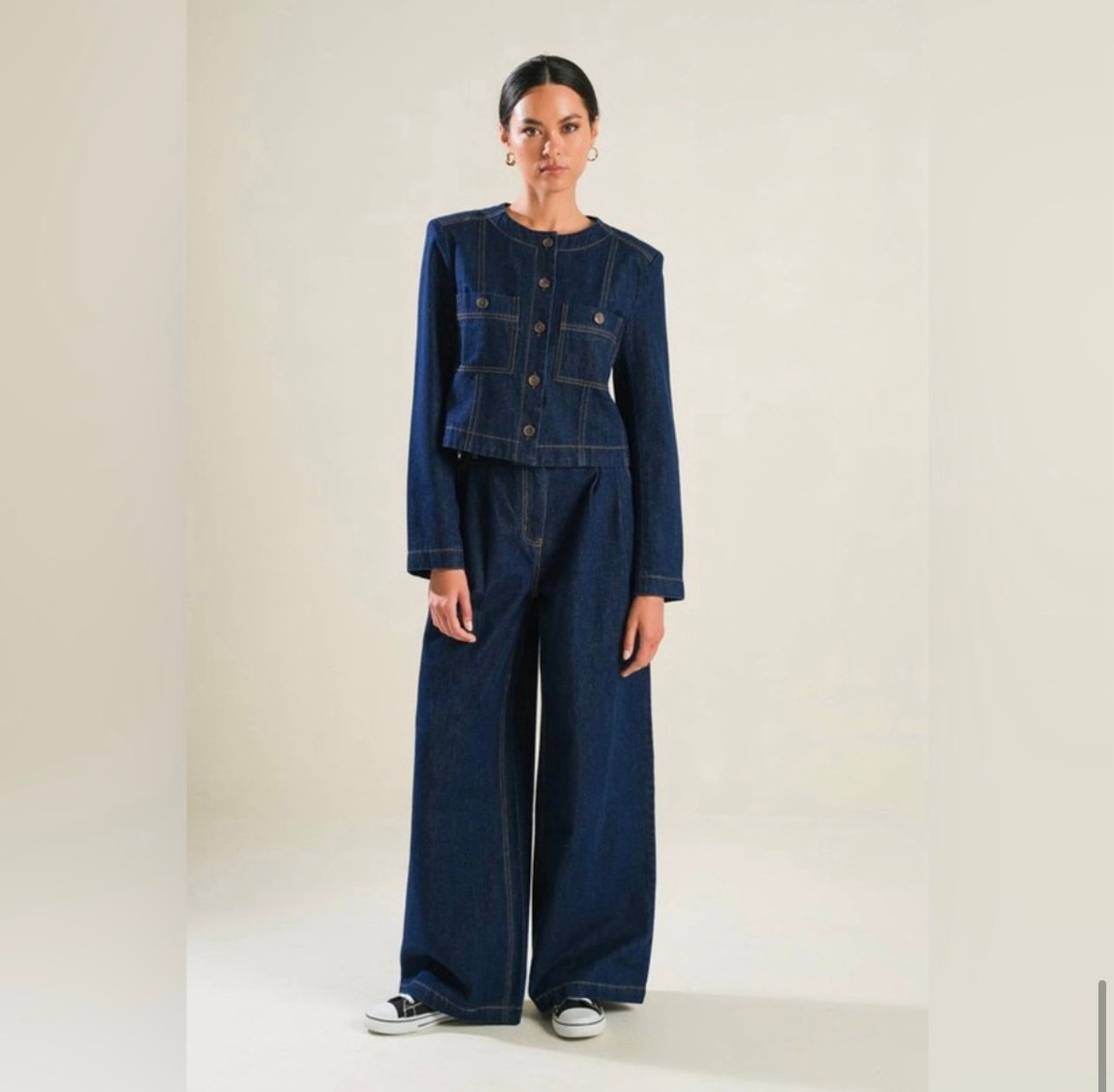 Wide Leg Contrast Waistband Denim Jeans