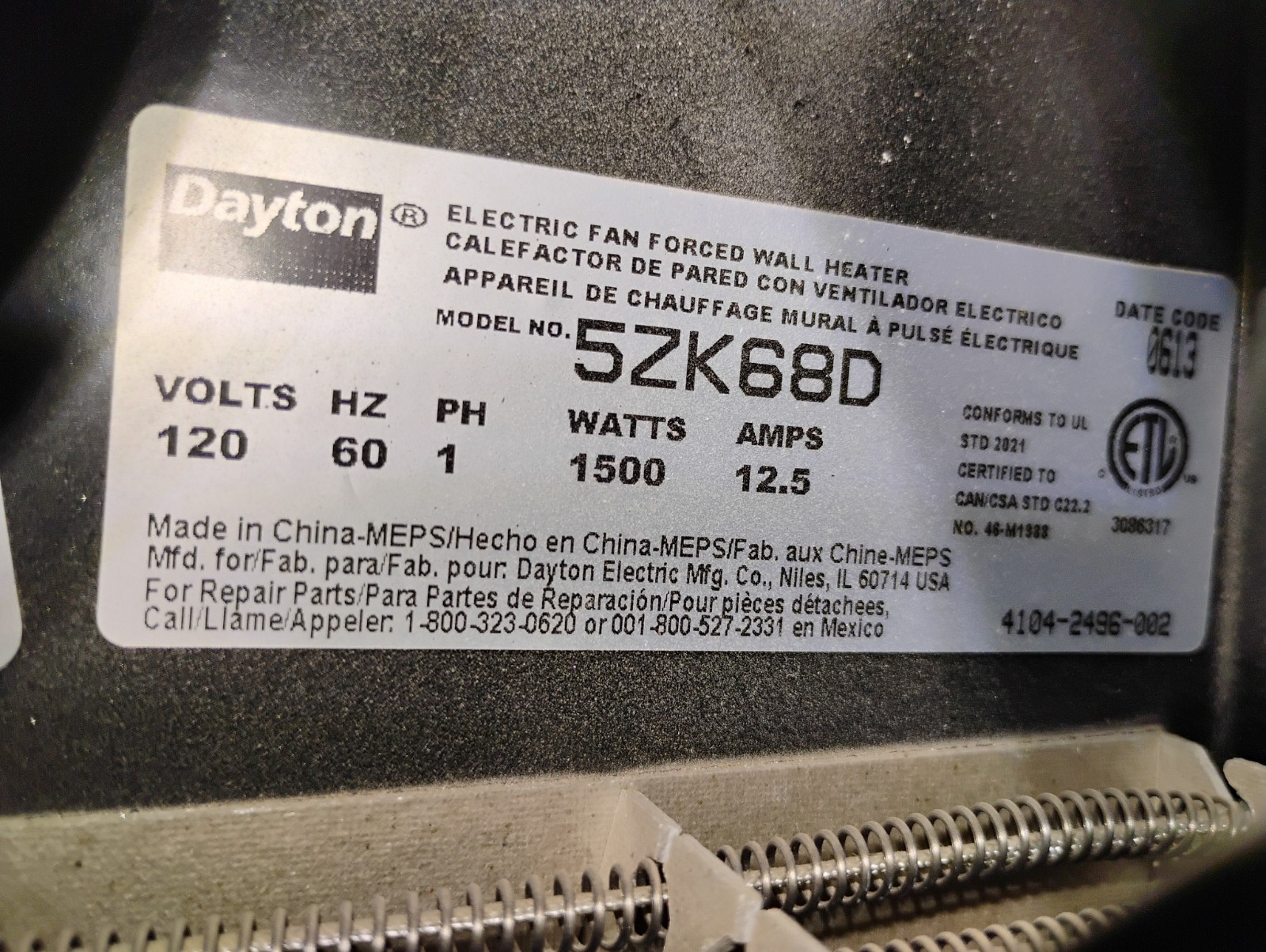 Dayton can forced wall electric heater