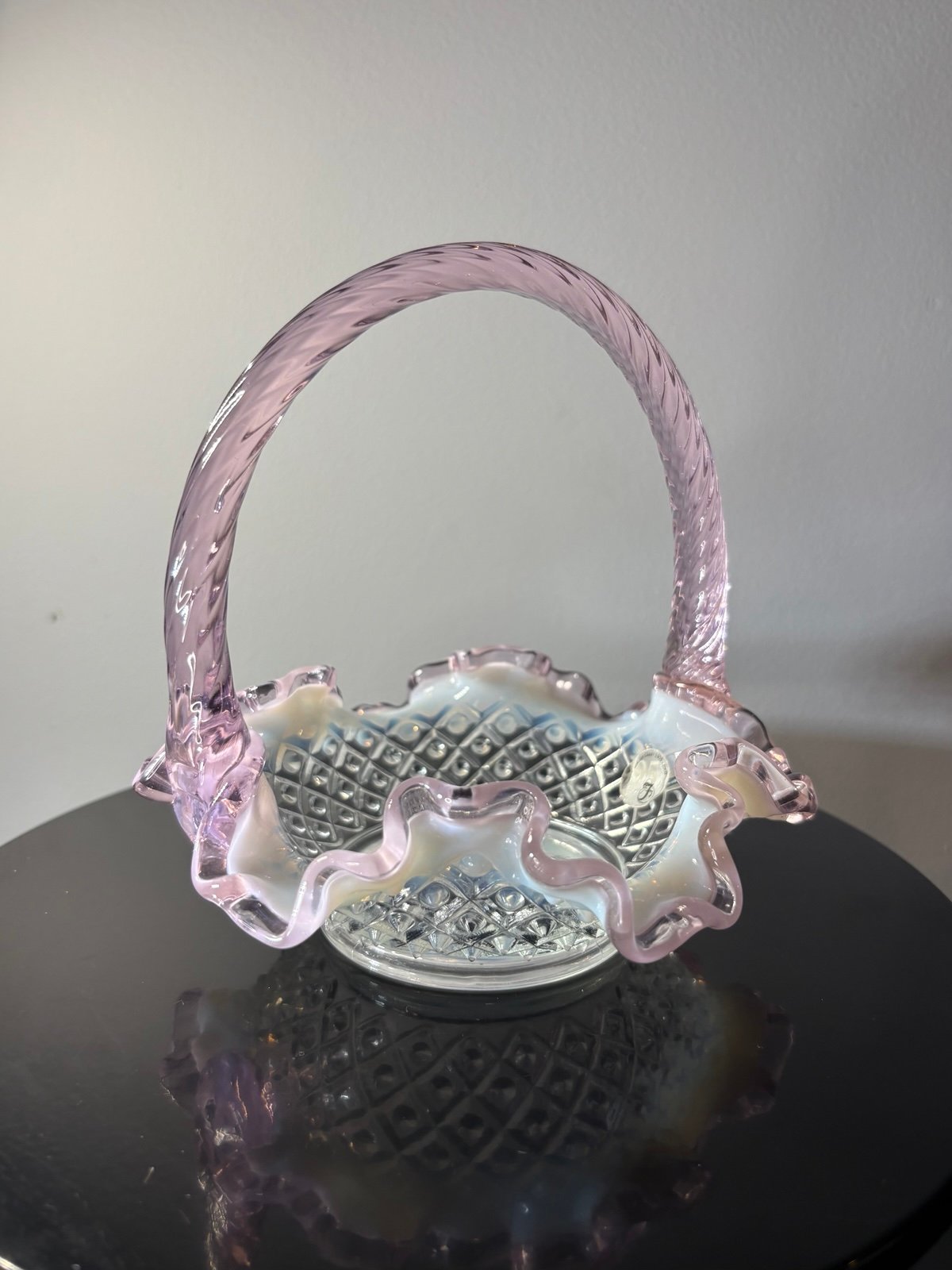 Fenton 95th Anniversary Diamond Lace Pink Chiffon Basket Glow Handle Ruffle Edge