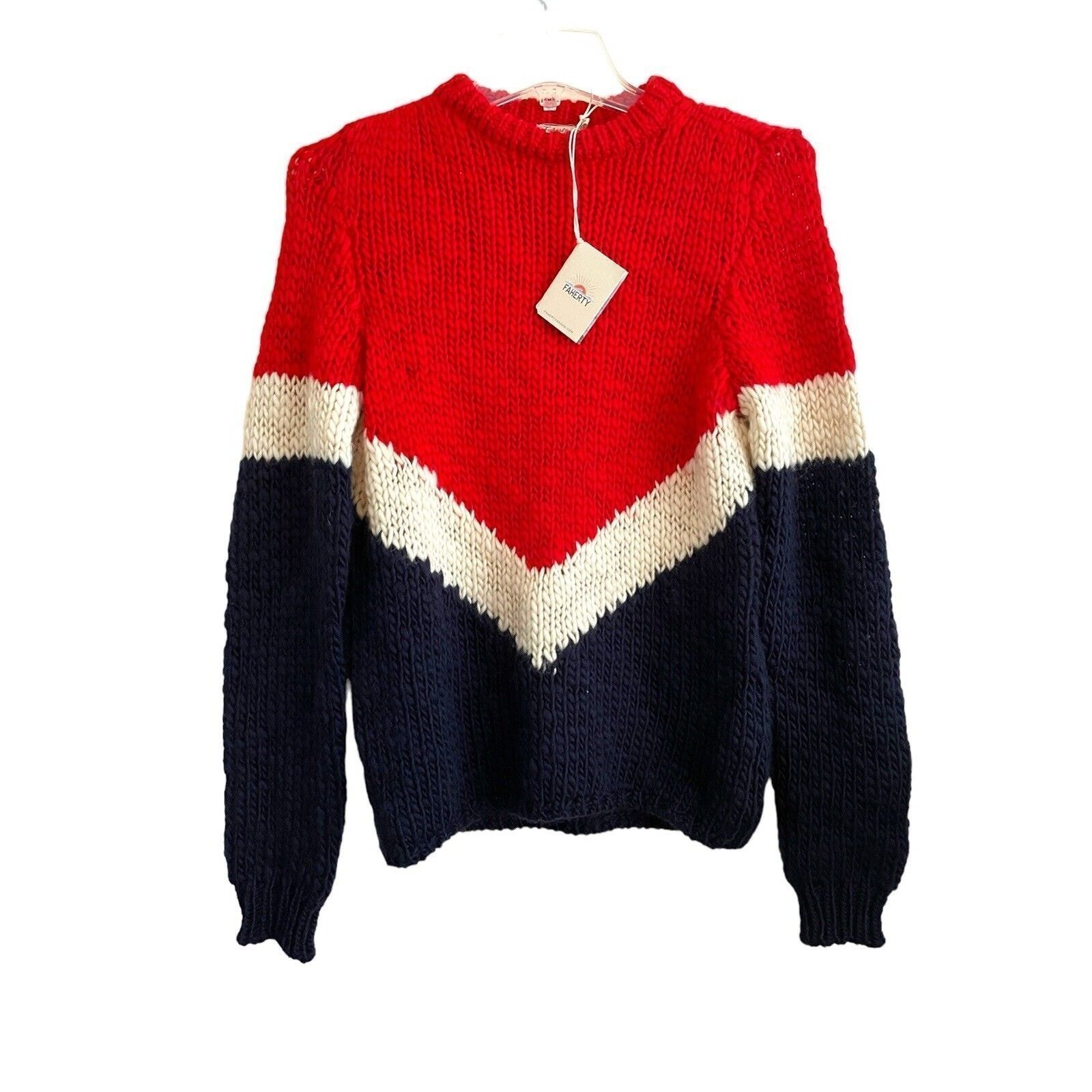 Faherty Apres Ski Intarsia Wool Sweater Women Size XS Colorblock Blue Red NWT