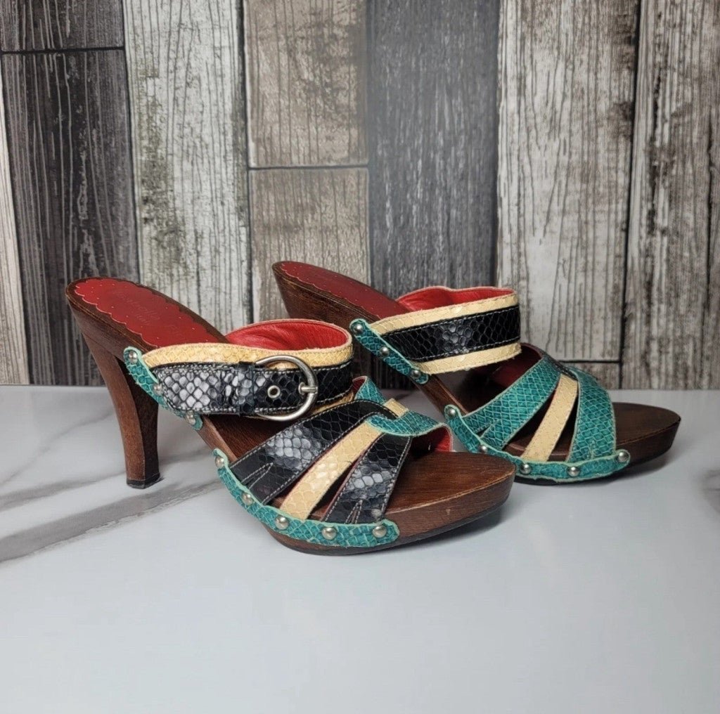 Isabella Fiore Sandals Size 7 Wood Leather Slip On Open Slides Heels 3.5 Multi