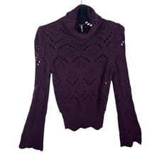 Free People Deep Wine Plum Purple Long Bell Sleeve Open Knit Stretchy Sweater S