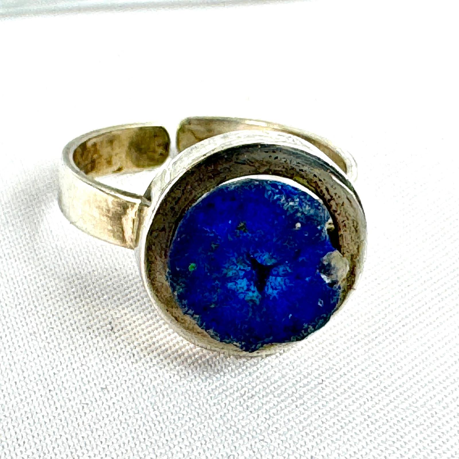 Azurite Nodule Geode Mineral Ring, Abstract Modern 925 Silver, Size 7