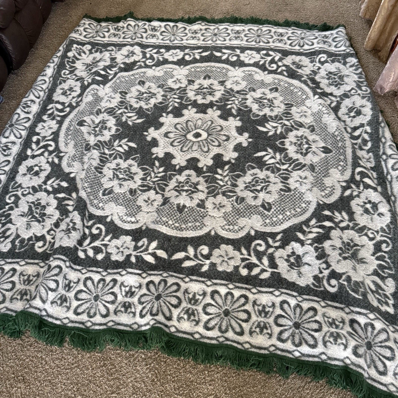 VTG Vicuña Wool Rare Reversible Blanket Green 75 X 95 Floral Western Blanket