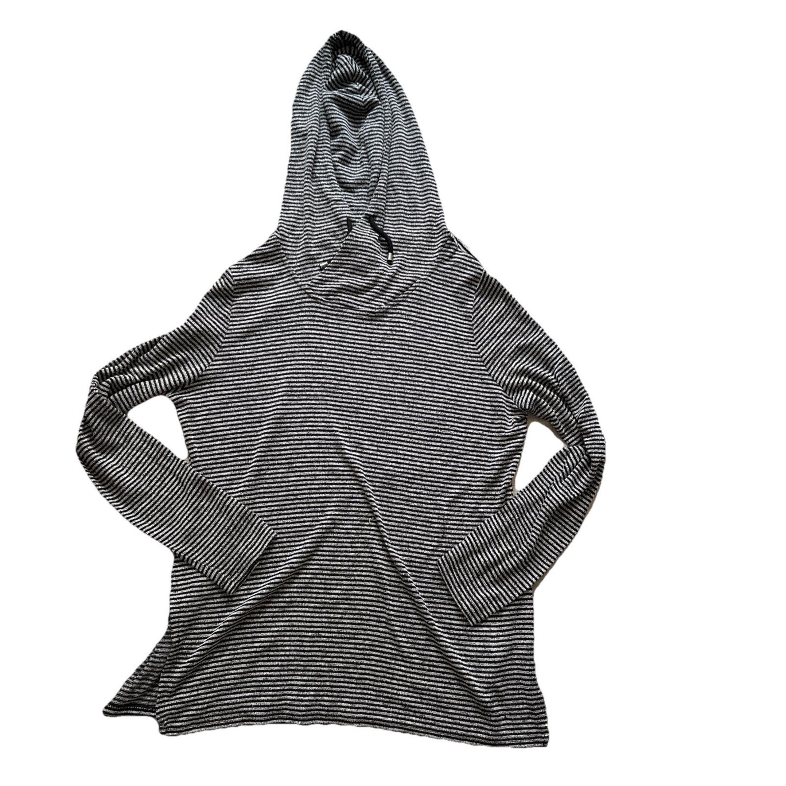 Premise womans size MED long sleeve black grey stripe hooded sweater top
