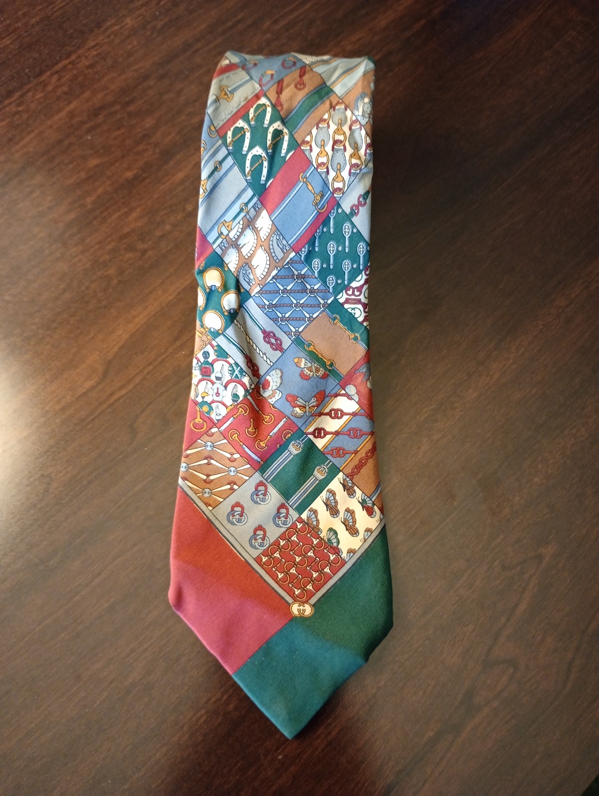 Vtg GUCCI 60s 70s Silk Horsebit Logo Patchwork GG Silk Tie Made In Italy RARE