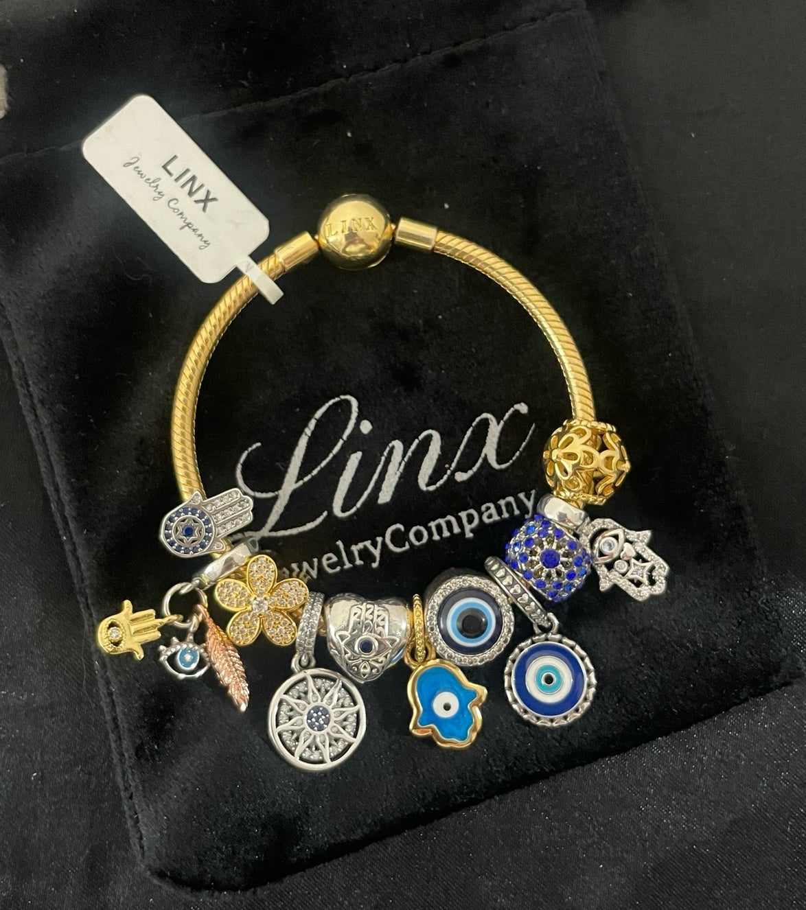 Linx Gold Snake Chain Bracelet with Hamsa and Evil Eye Themed Charms