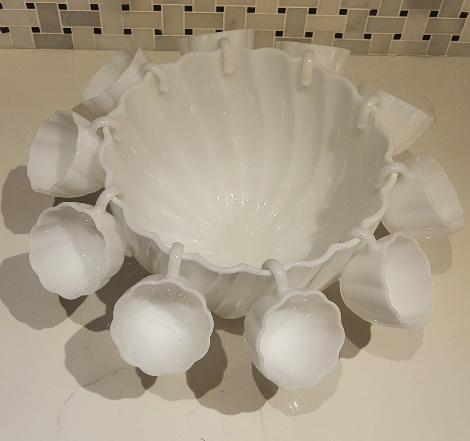 VTG 11pc Opaque Milky White Punch Bowl & Hanging Cups Set by Hazel-Atlas Glass