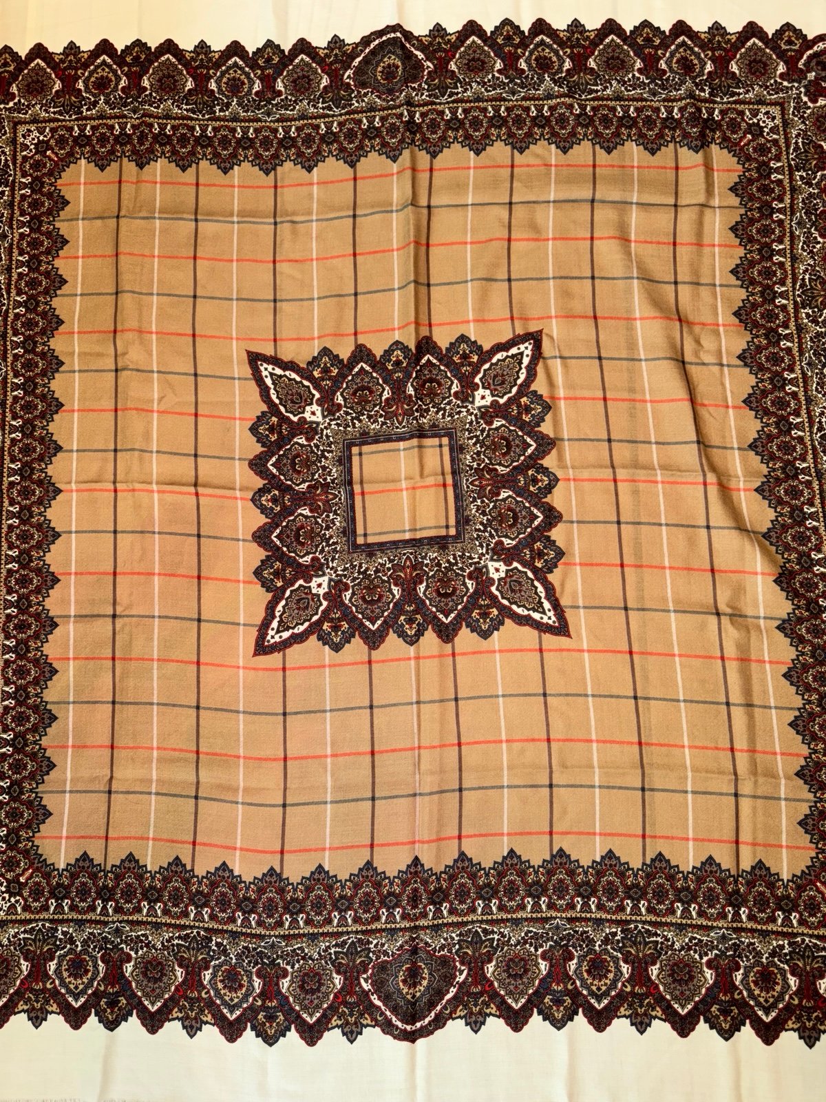 Vintage Burberrys Scarf Silk/Wool Paisley Checkered Large 52”x52" Italy