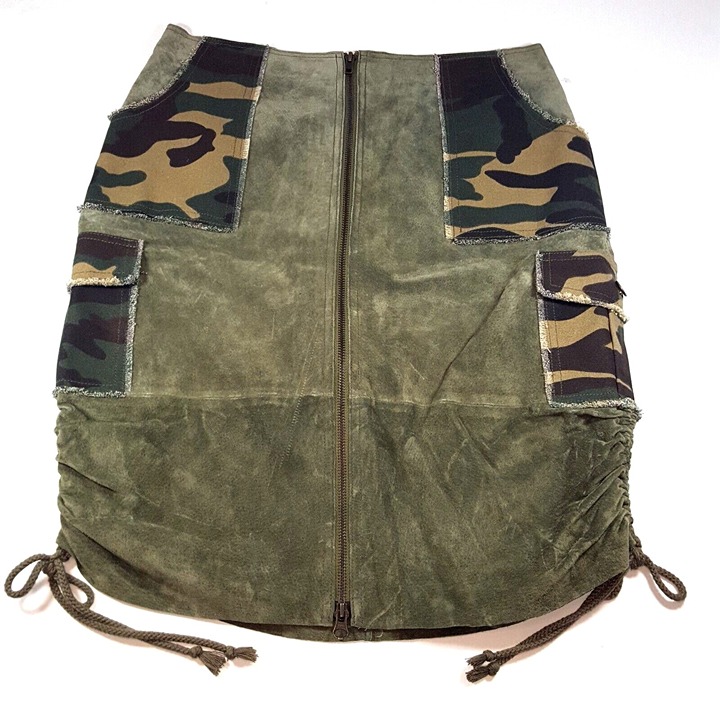 Vintage Wilsons Maxima Womens Skirt Green Suede Leather Camo Pockets Small 8 New