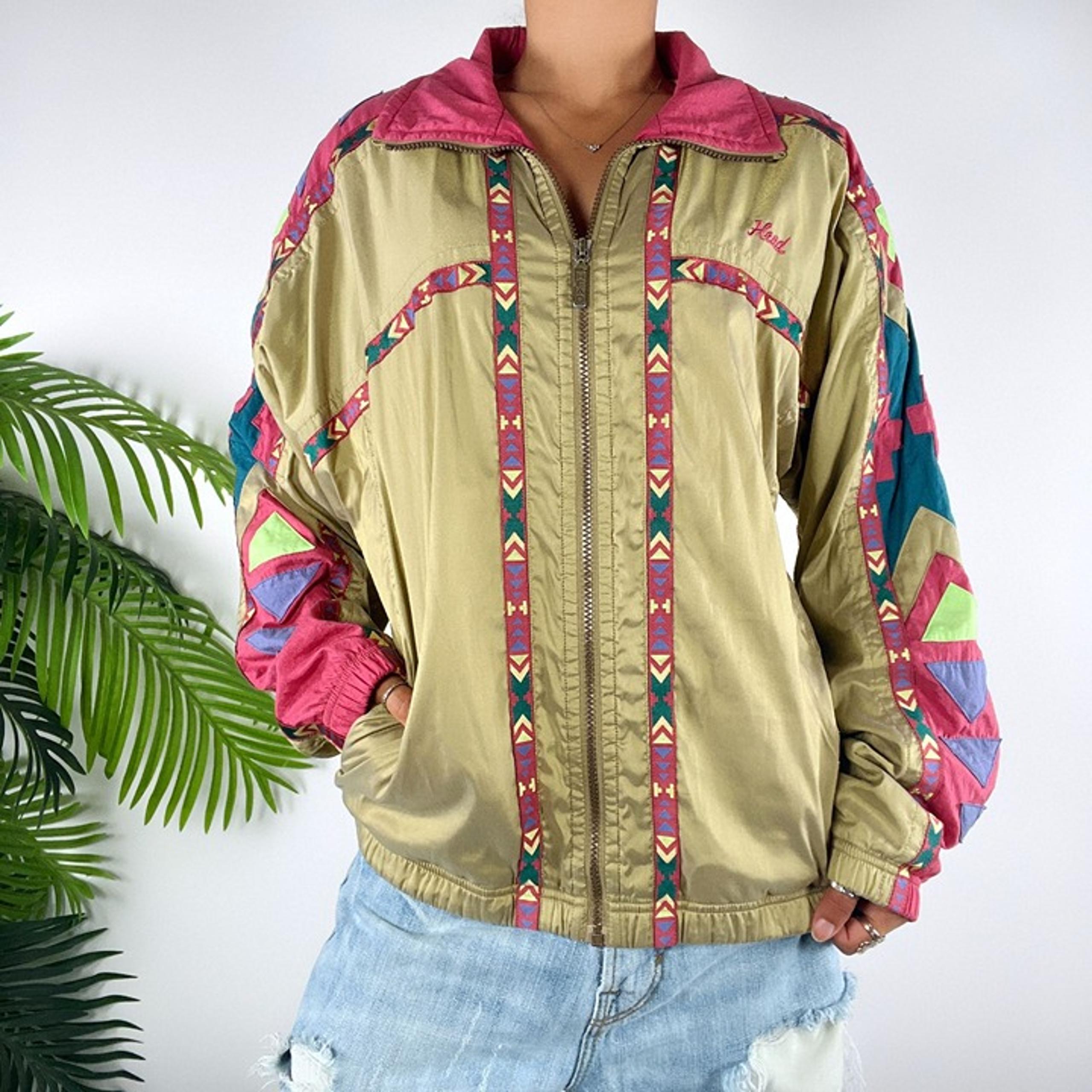 Women's Vintage 80s 90s Gold Patchwork Boho Retro Windbreaker Jacket / Med