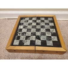 Vintage Chess/Checkers Board Black/White Artistic Wooden Foldable