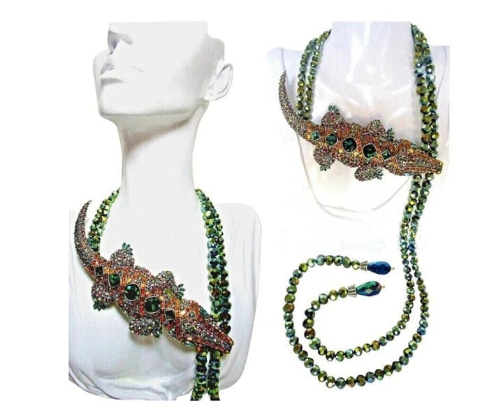 Heidi Daus Alligator Rhinestone Necklace Long Glass Beads New Without Tag