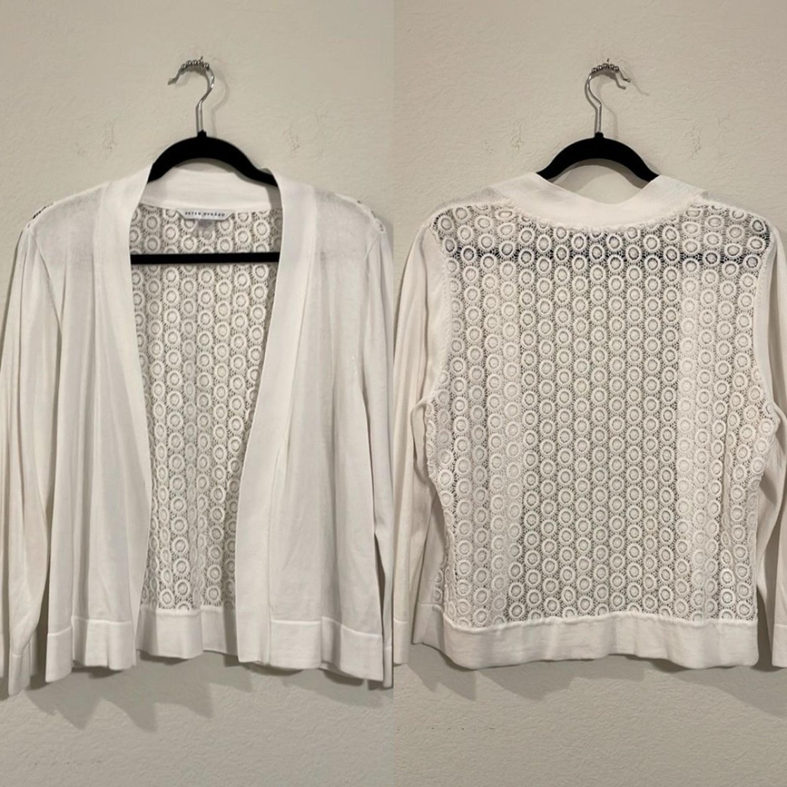 Peter Nyguard White Open Front Longline Mesh Lace Crochet Back Cardigan Sweater