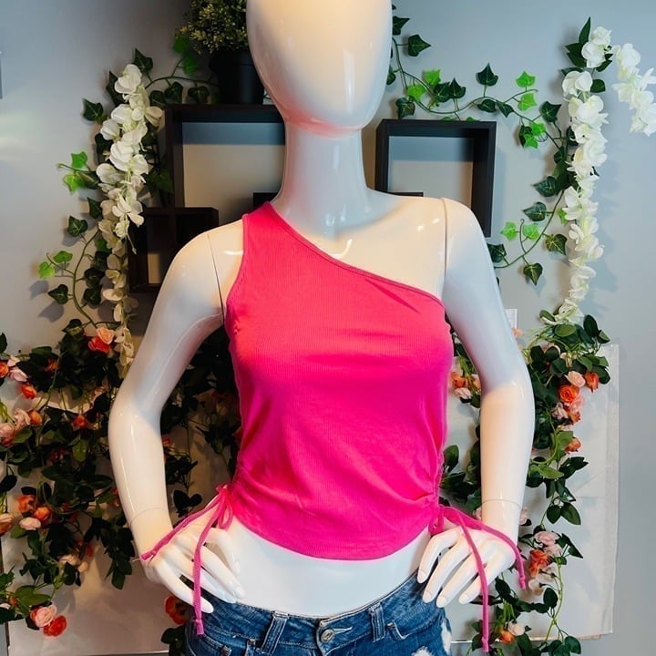 One Shoulder Ruched Sides Pink Cropped Tank size L RefFNB