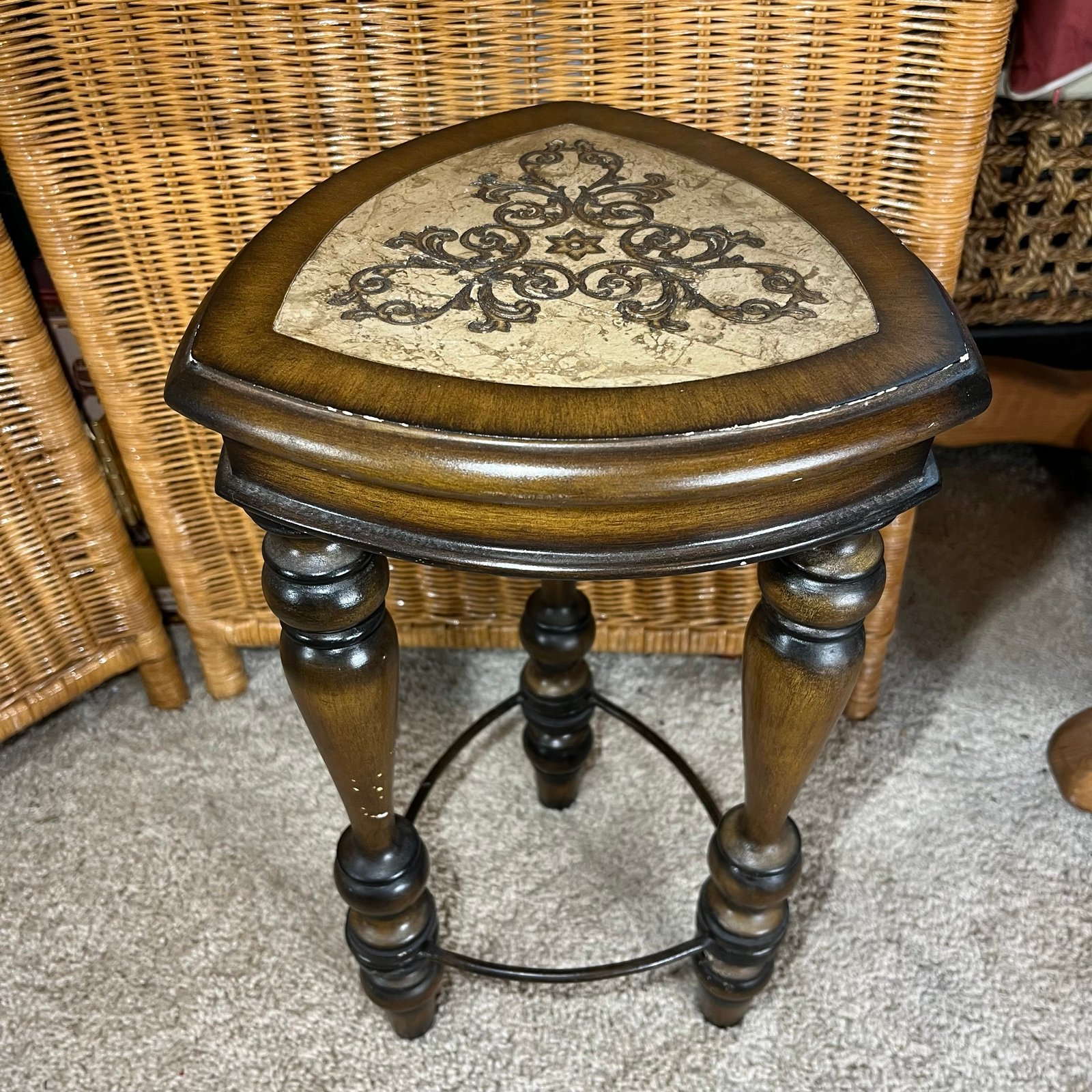 Vintage tiered wood inlay carved triangle table layered made in Philippines