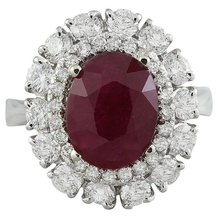 5.20Ct Natural Oval Red Ruby & Diamond Halo Solitaire Ring 14k White Gold