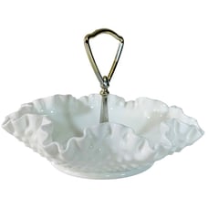 VTG Fenton Style Hobnail Mike Glass Bon Bon Tidbit Handled Dish Ruffle Crimped