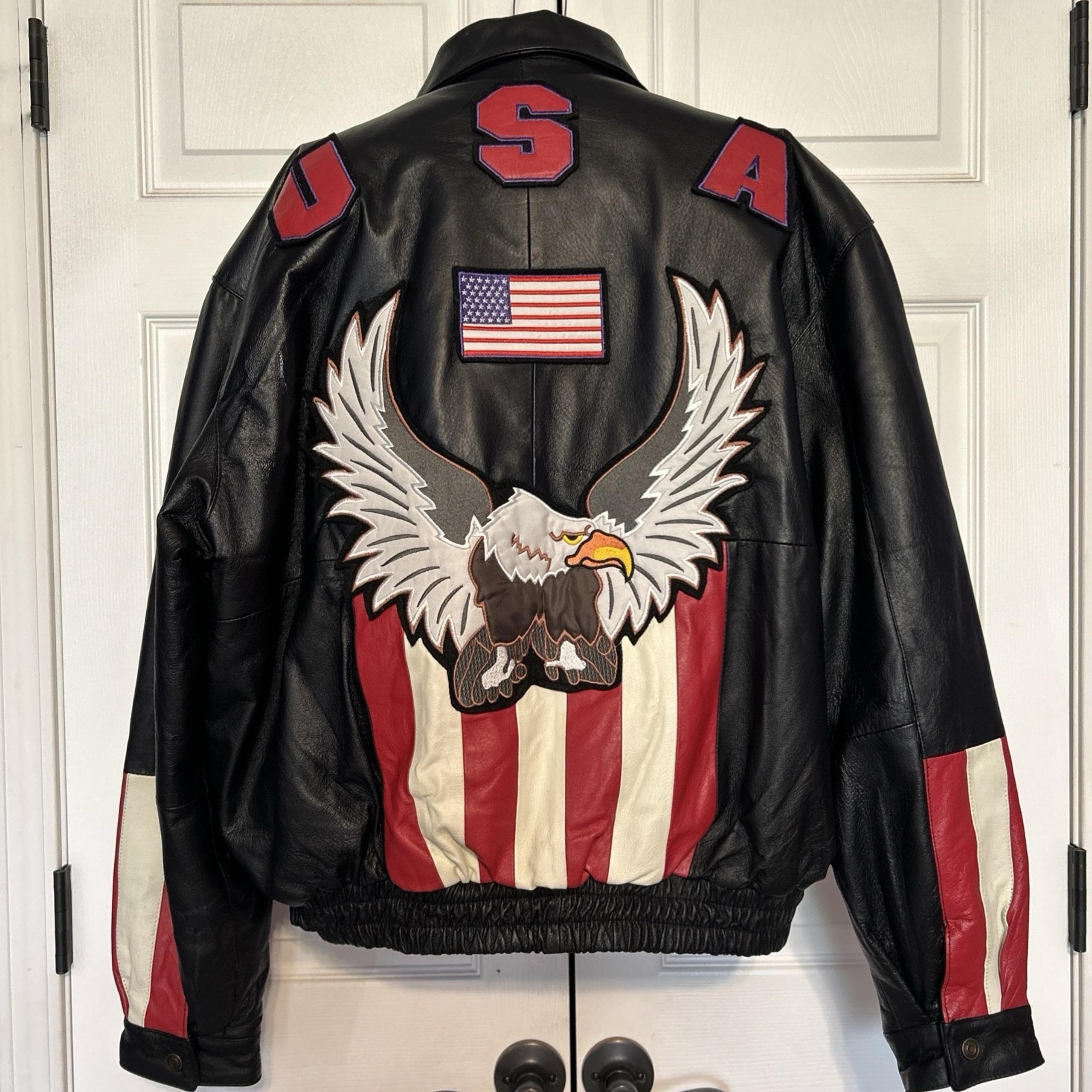 Diamond Plate Black Leather Moto Jacket USA Eagle Men's 2XL Biker Zip Out Lining