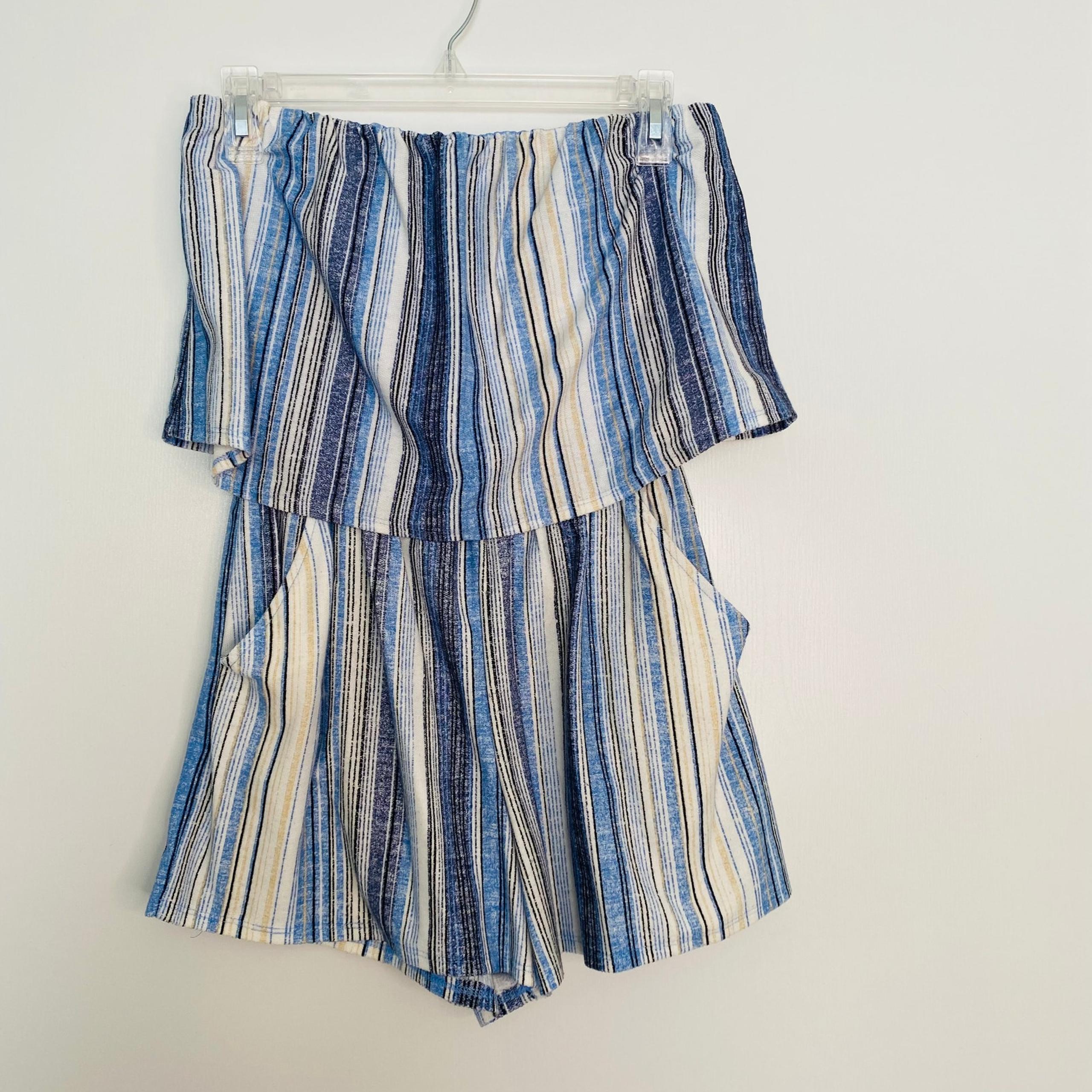 Bebop blue striped off shoulder romper with pockets (Size: Large)