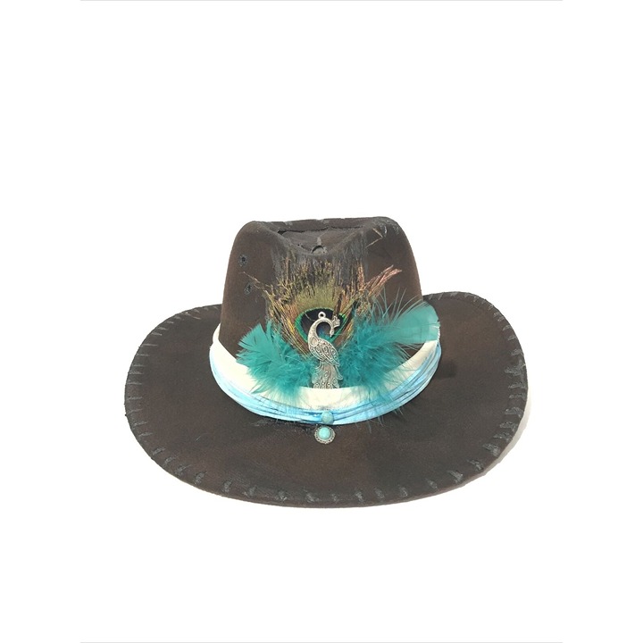 Tazzle’s 1of1 Womens Custom Western Fedora Hat-Brown W/ Peacock Feather & Band.