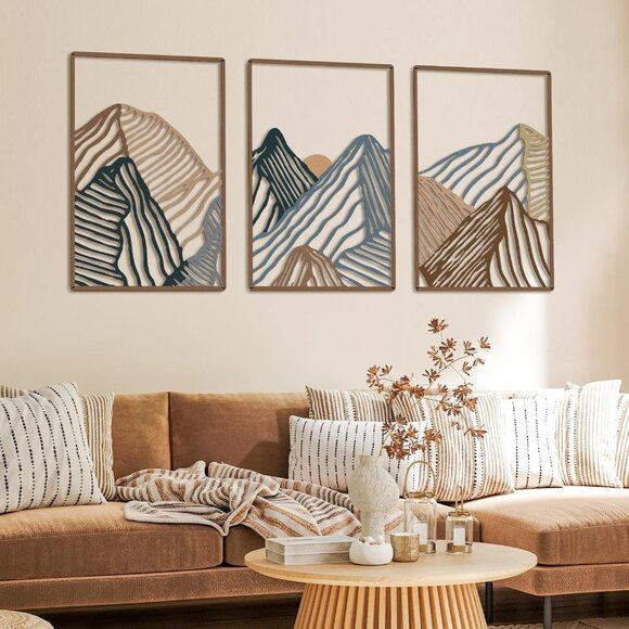 New 3 Pcs Mountain Metal Wall Art, Minimalist Rustic Nature Decor for Home