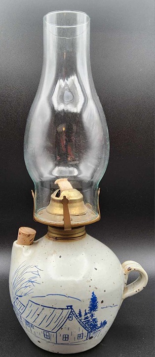 Vintage Signed Pottery Jug Oil Lamp With Winter Barn Scene