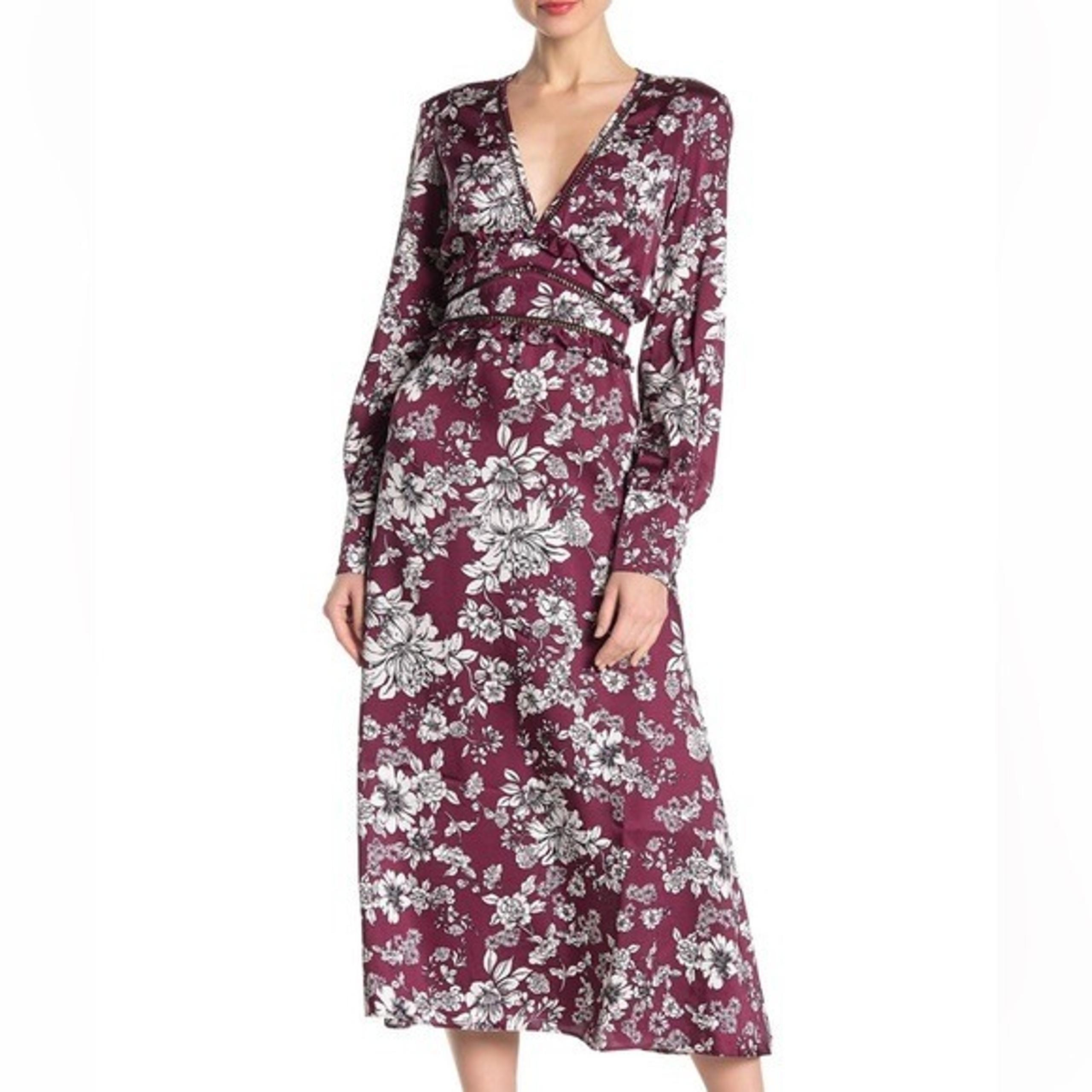 ANTHROPOLOGIE BARDOT Women’s Burgundy Floral V-Neck Long Sleeve Jolie