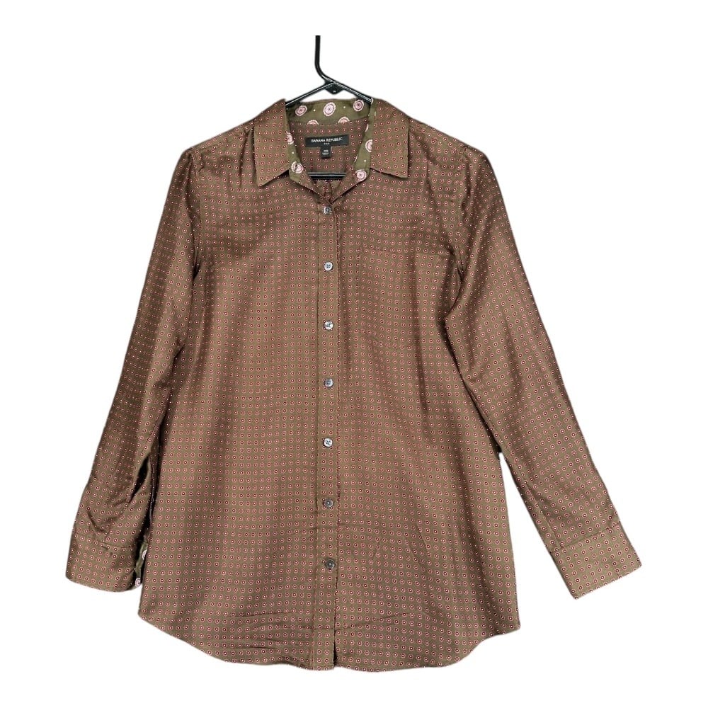Banana Republic Women's XS Brown Silk Geometric Blouse Top Office Career